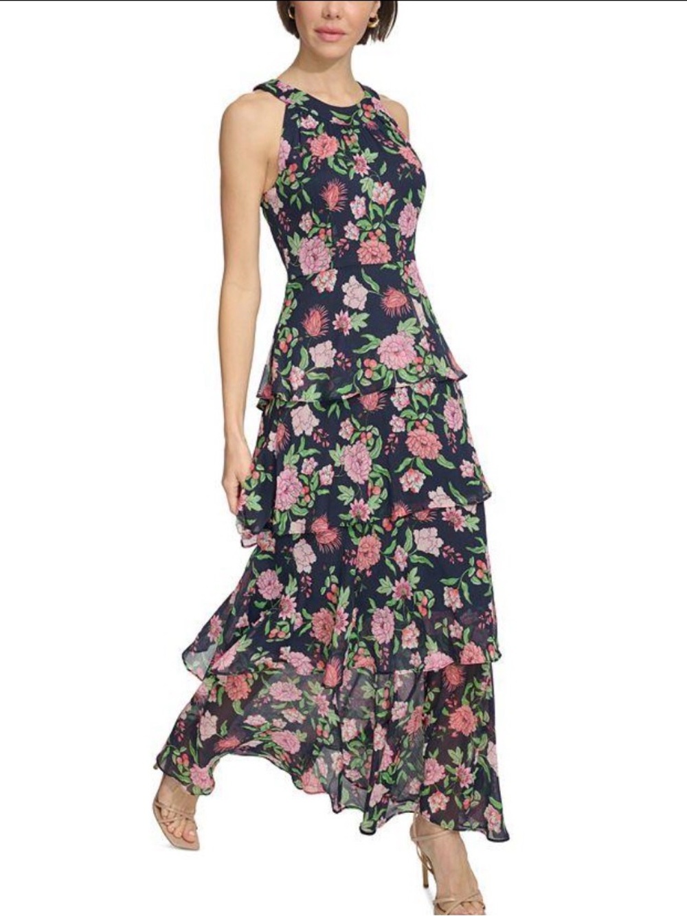 Tommy Hilfiger Navy Floral Tiered Maxi Dress - Pink & Green